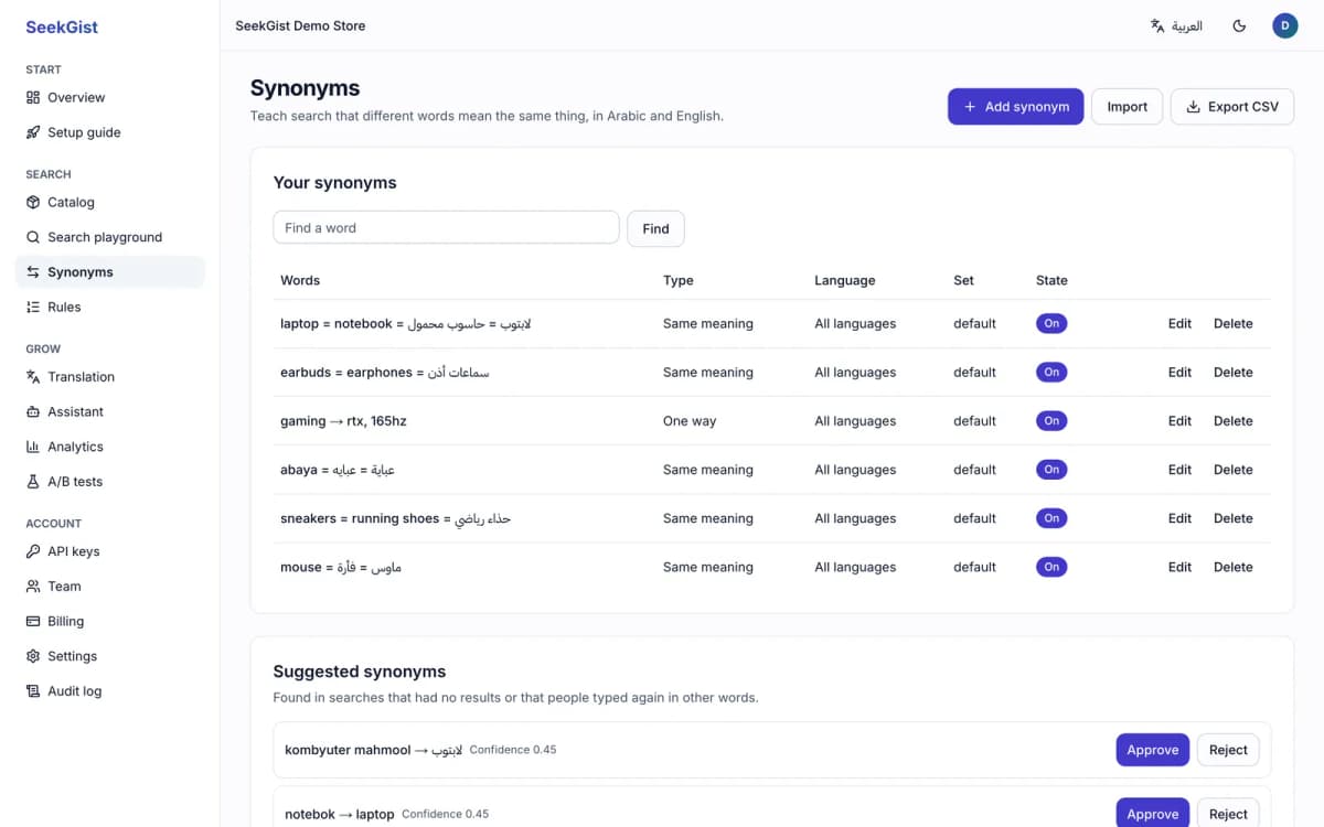 The synonyms page: synonyms in Arabic and English, and suggested synonyms found in searches that had no results.